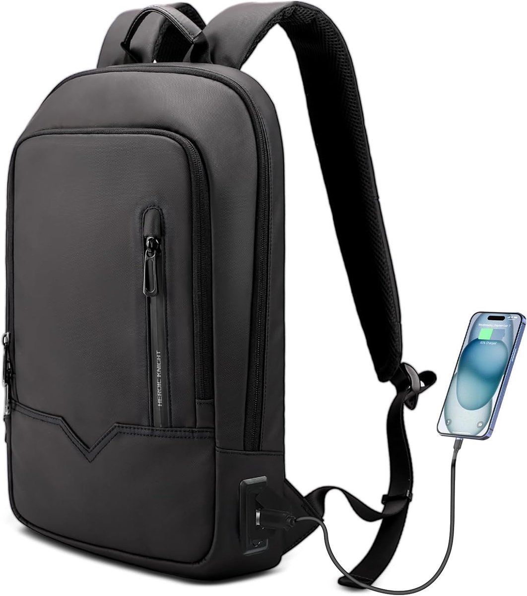 SnelShoppen - Laptoprugzak voor heren, lichte laptoptas met USB-aansluiting, waterdichte handbagage, zakelijke rugzak voor 15,6 inch laptop, zwart, el