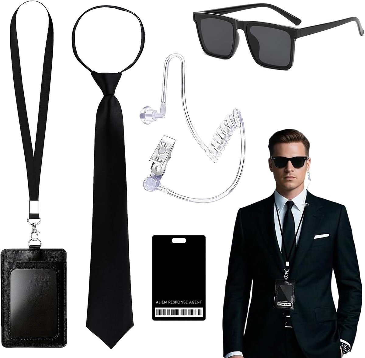 Agent Kostuum Accessoires Set met Zonnebril, Stropdas, Kaartenhouder en Neppheadset voor Carnaval en Cosplay