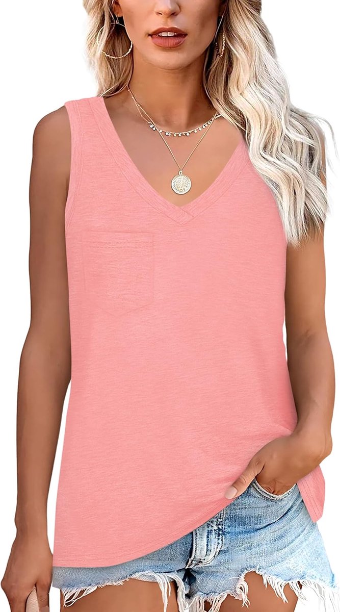 Mouwloos shirt dames basic zomer elastische tanktop met V-hals casual shirt met zak losse top comfortabele onderhemden