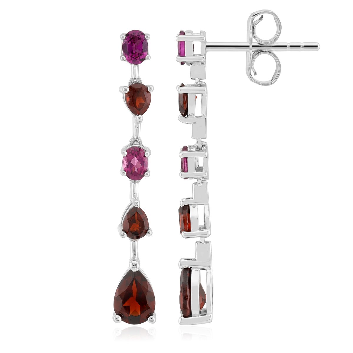 Cavill - Zilveren Oorbellen met Platina Plating - 3,285 Ct Mozambique Granaat en Rhodoliet - Druppelgeslepen 35 mm - Elegante Rode Oorbellen Dames