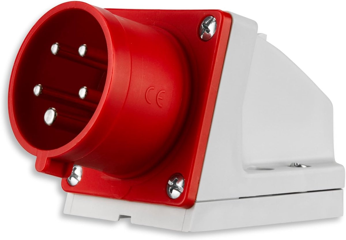 CEE stekker wandmontage, 400V, 16A, 5-polig, 3P + N + PE, IP44, rood
