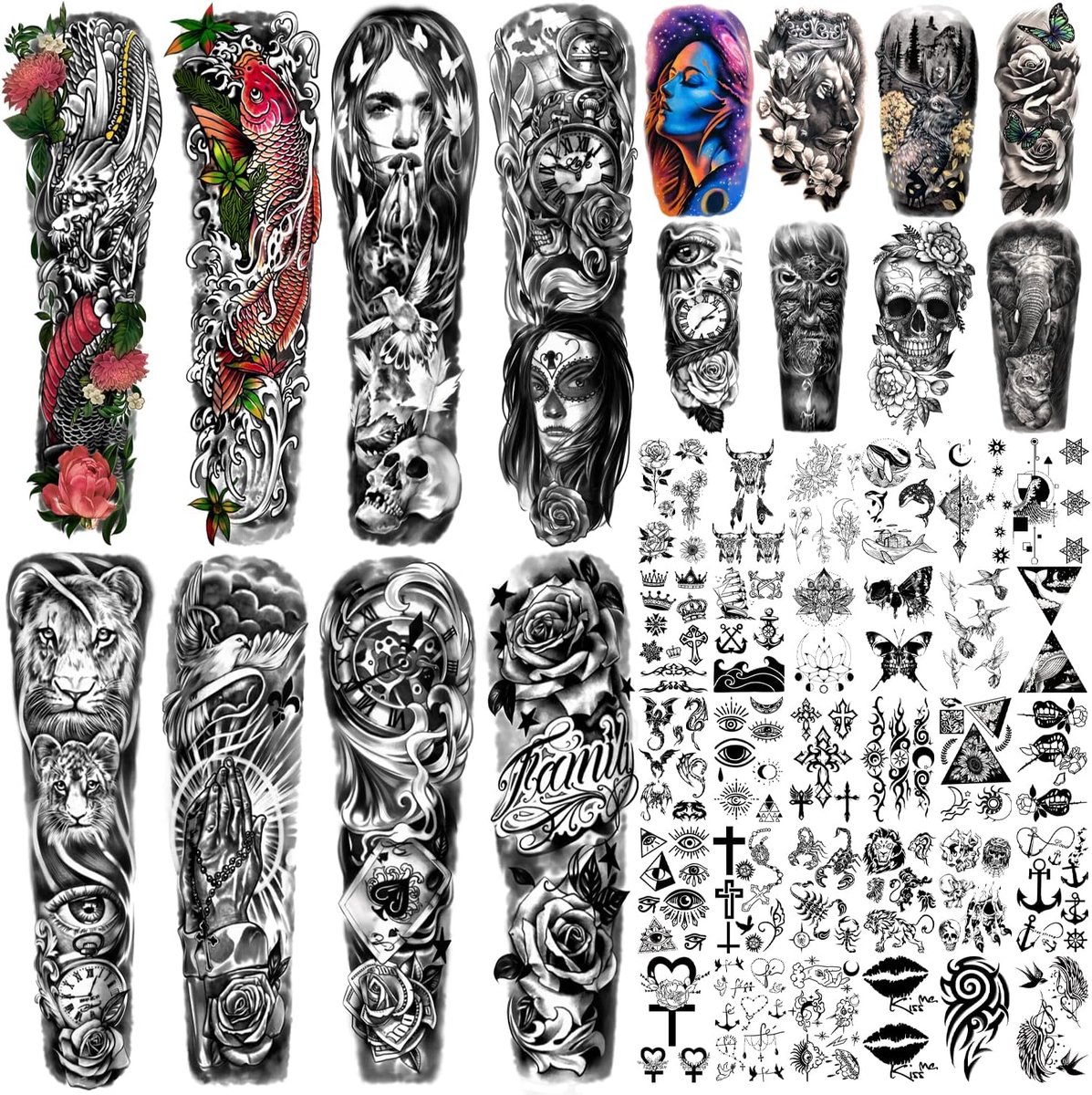 Tijdelijke tatoeages voor mannen, draak klok bloem skelet schorpioen halve arm waterdichte nep tattoo stickers voor volwassenen of tieners op onderarm