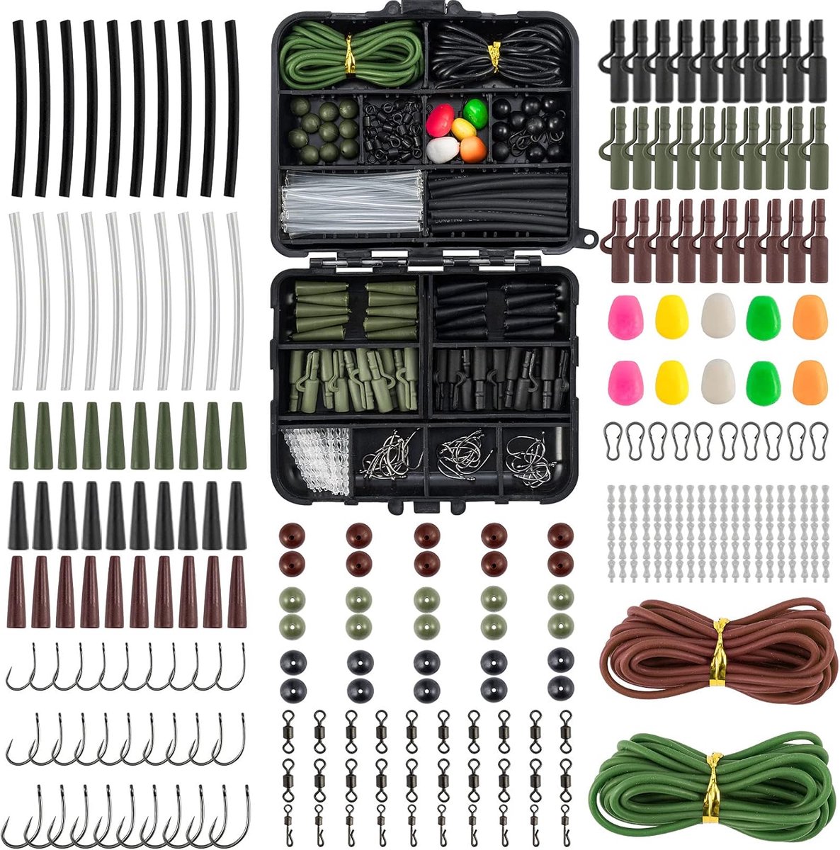 314 stuks karper visgerei in doos, vissen accessoires kit vishaken, veiligheidsclips vislijn kralen, boilie stops, maïs, slangen en andere accessoires