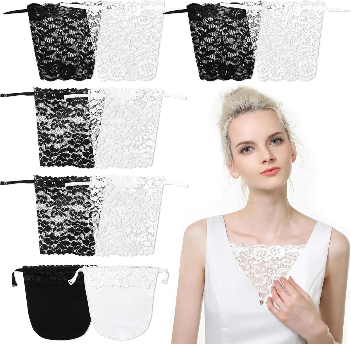 Kant Clip-on Mock Hemdje BH Insert Overlay, 10 Stuks Dames Kant Clip-On Mock Camisole, Onzichtbare Lace Mock Camisole Panel Vest met Drukknopen voor Decolleté Jurken Tanktops