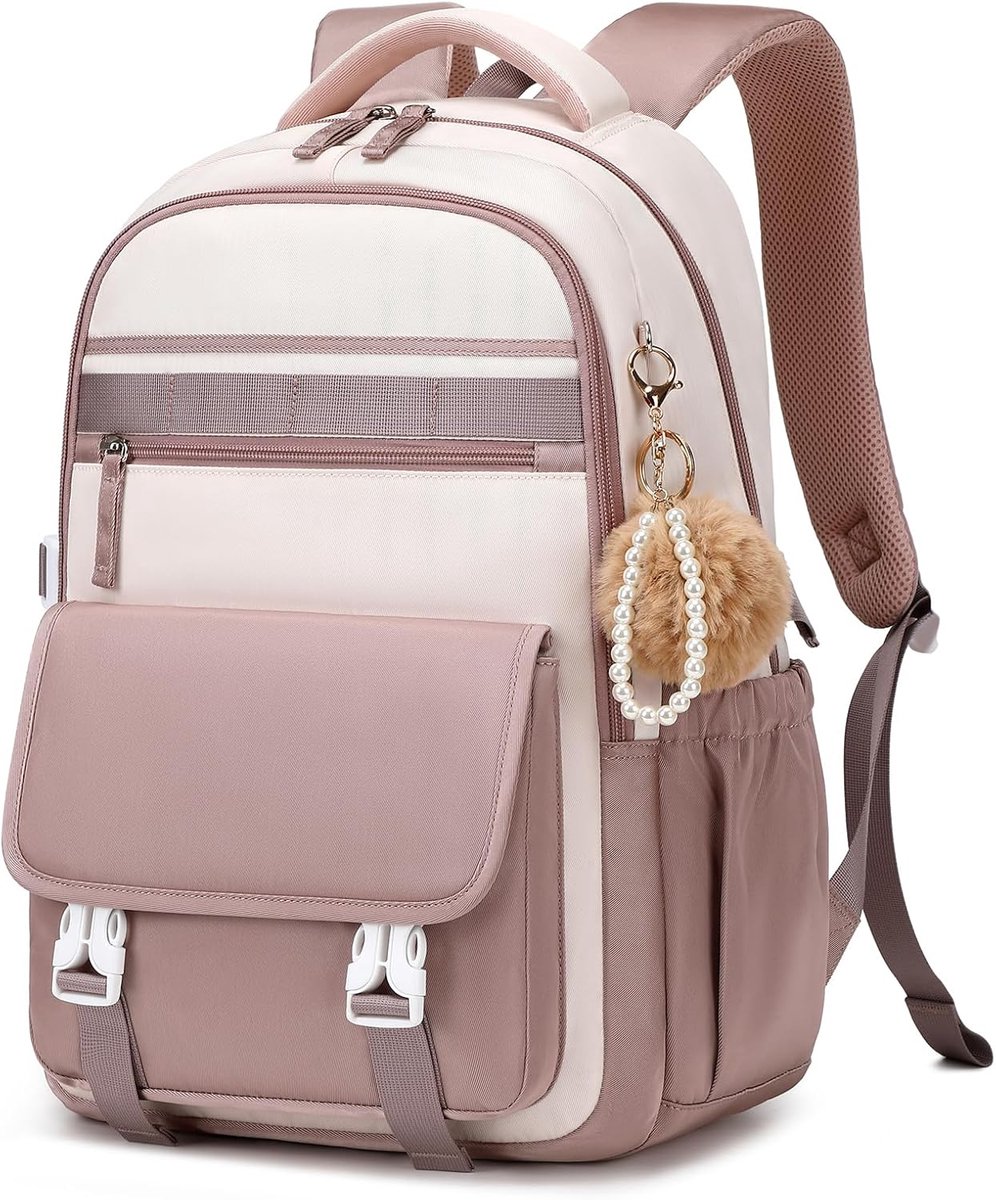 Schoolrugzak voor meisjes en tieners, ademende lichte rugzak, schooltas met laptopvak en kofferriem, waterafstotende dagrugzak voor school, werk en reizen, kaki-beige, Mittelgroße