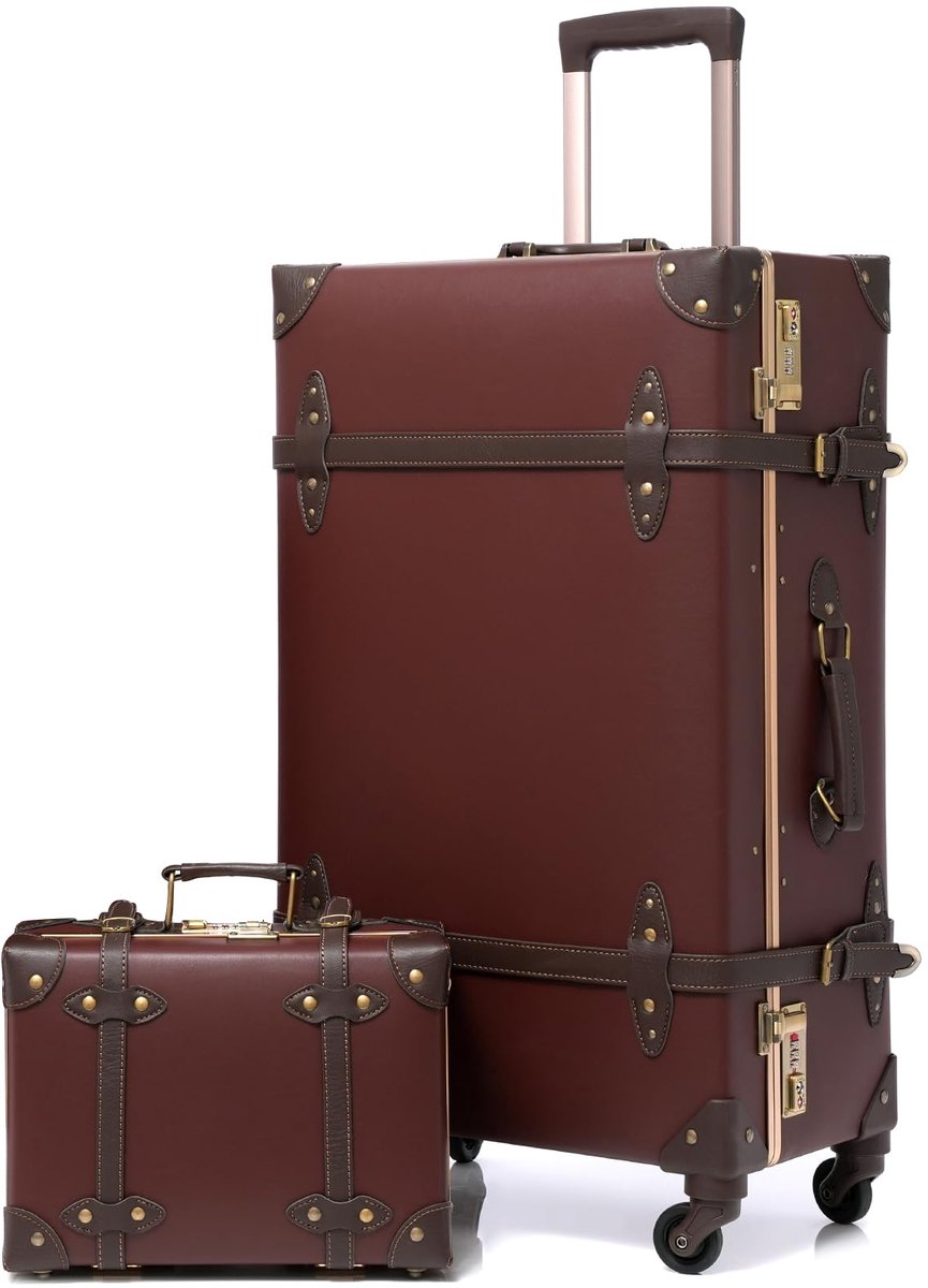 SnelShoppen - Vintage koffer met wieltjes, retro trolley, lichtgewicht reiskoffer, harde schaal, 2-delig met klein koffertje van 30 cm, karamelbruin,