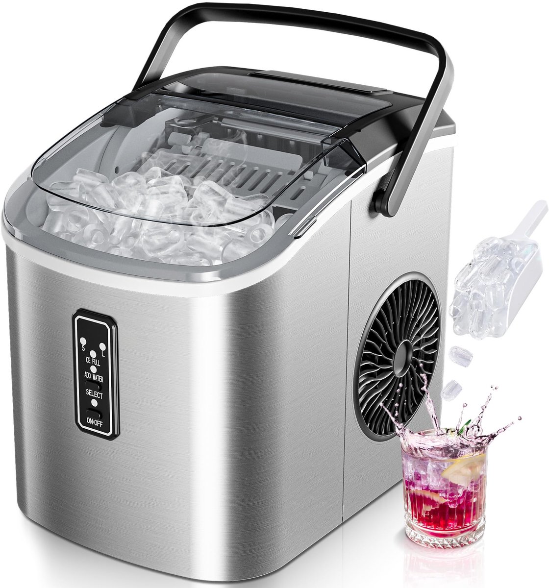 SnelShoppen - IJsblokjesmachine Klein, 9 IJsblokjes in 6 Minuten, 12 kg/dag, Zelfreinigend, Draagbare IJsmachine met Draaggreep, Mand en Schep, 2 Mate