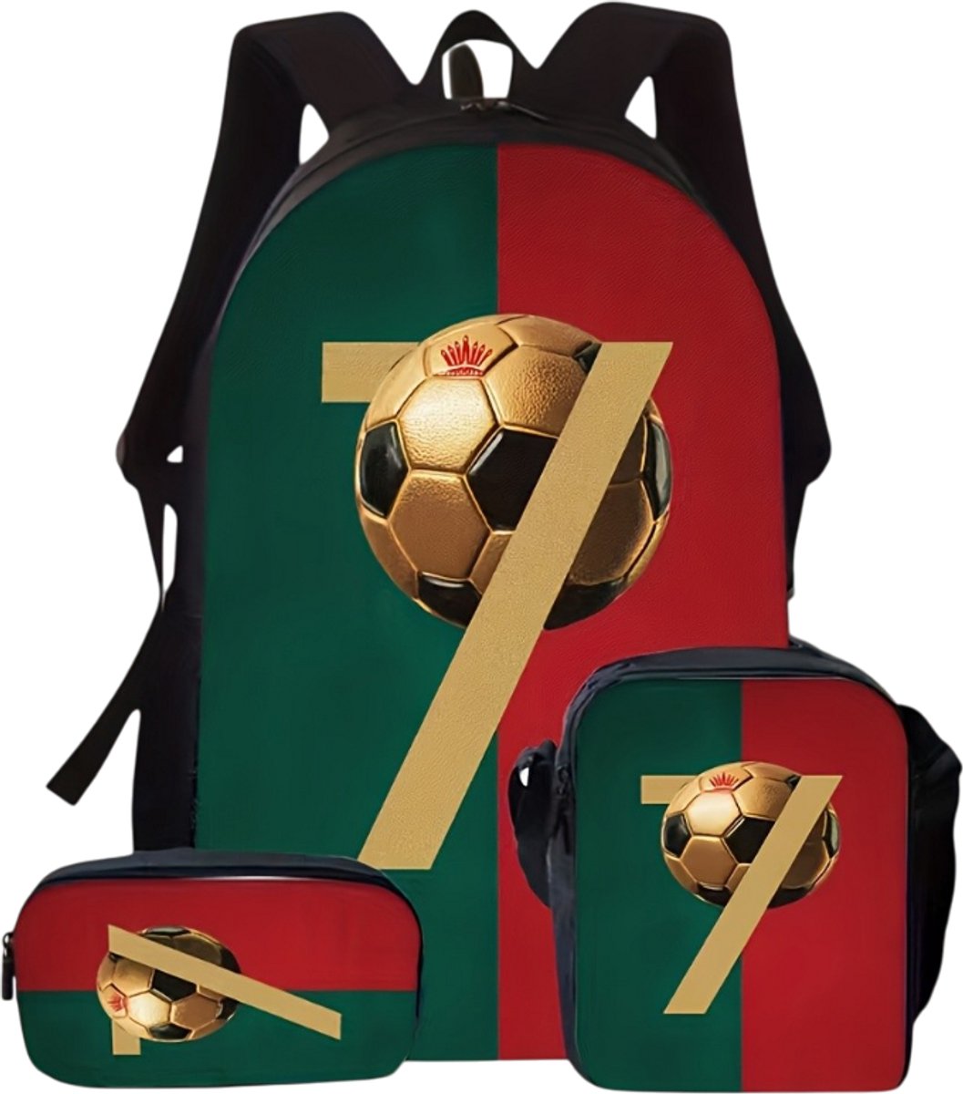 Voetbal Rugzak | Ronaldo Rugtas | Rugzak Meisje | Rugzak Jongens | Rugtas, etui en lunchtas met mooie 3D geprinte details | 3-delige set jongens schooltassen | 20 liter | Kinder Rugzak