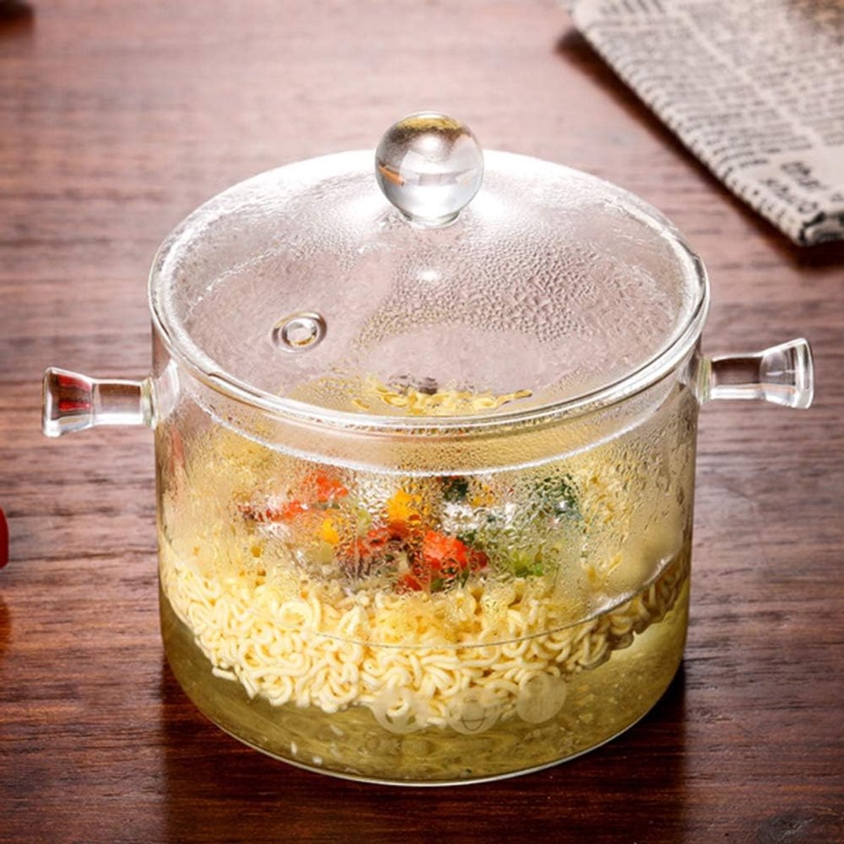 steelpan, 1350 ml, met deksel en handvat, hittebestendige transparante glazen pan voor pasta, soep, melk, thee en salade