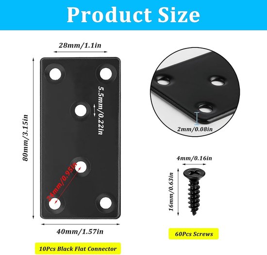 10 Stuks Verbindingsplaat Metalen Connector, Roestvrijstalen Platte Verbinders, Platte Rechte Reparatieplaten, Met 60 Schroeven, Voor Hout-, Meubel- en Doe-Het-Zelfprojecten(80 x 40 x 2 mm) — afbeelding 5