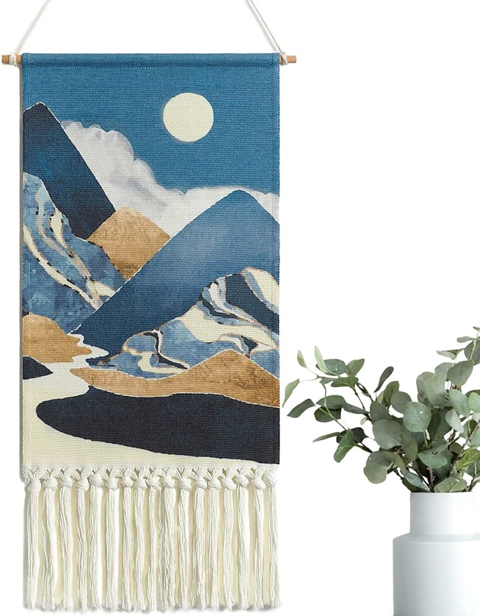 Macramé wandtapijt, geweven tapijt, boho, decoratie, wanddecoratie, wandtapijt, chic, wanddecoratie, bergwolk voor woonkamer, slaapkamer, woondecoratie, blauw