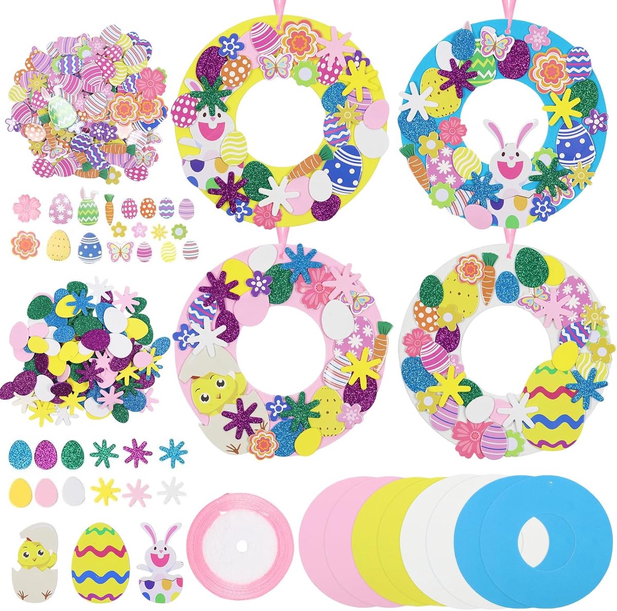 8 stuks paaskransen voor kinderen, paaskransen, knutselset voor kinderen, 274 stuks paaskrans, doe-het-zelf sets, paaskrans, knutselen, paasdecoratie, lentedecoratie, hanger, knutselset voor jongens