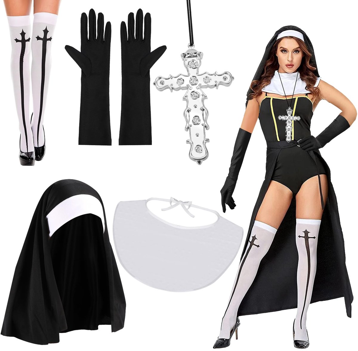5 stuks nonkostuums voor dames - non outfit accessoires non hoofddeksel non kraag handschoenen kruis hanger ketting knie dij hoge sokken voor vrouwen Halloween kostuums cosplay carnaval