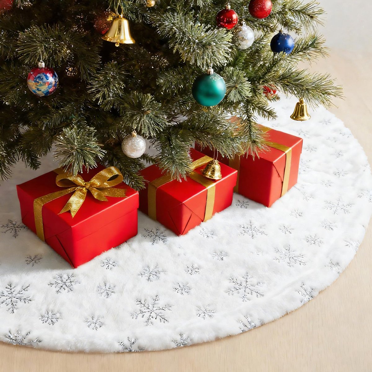 Kerstboom Rok 123cm, Ronde Witte Kerstboom Ondermat Met Sneeuwvlokpatroon, Dik Gebreid 3D Pluche Christboomstandaard Tapijt Voor Sneeuw Kerstboom Kerstdecoratie