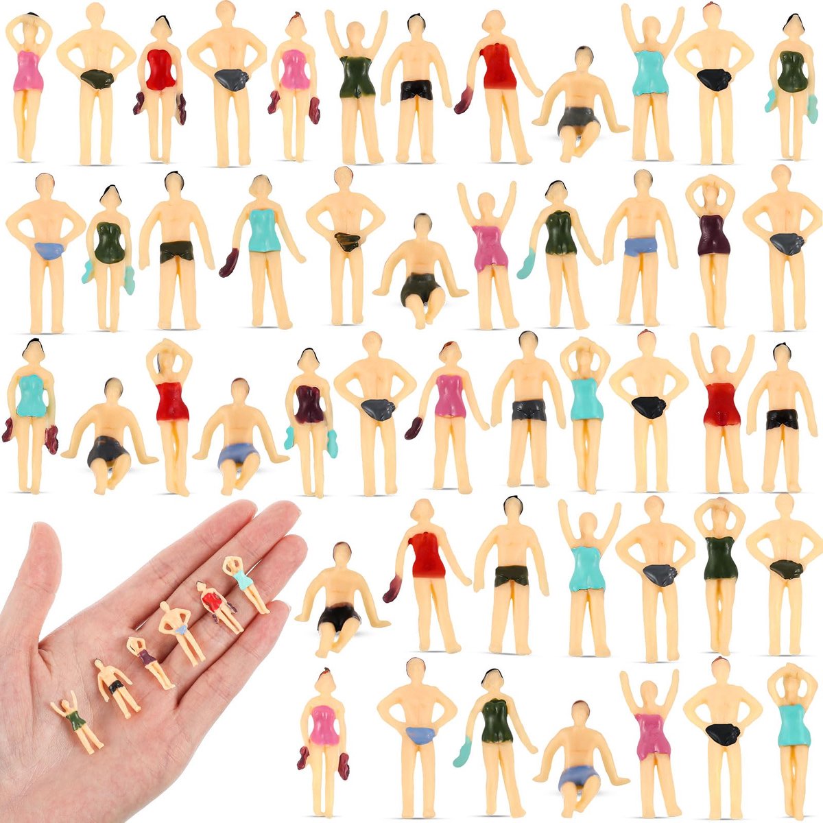 50 stuks 1: 75 Ho Schaal Mensenfiguren Architectonische Miniatuurfiguren Strand Badmode Set Veelkleurig Mini Staande Personenfiguren voor Treinen Landschap