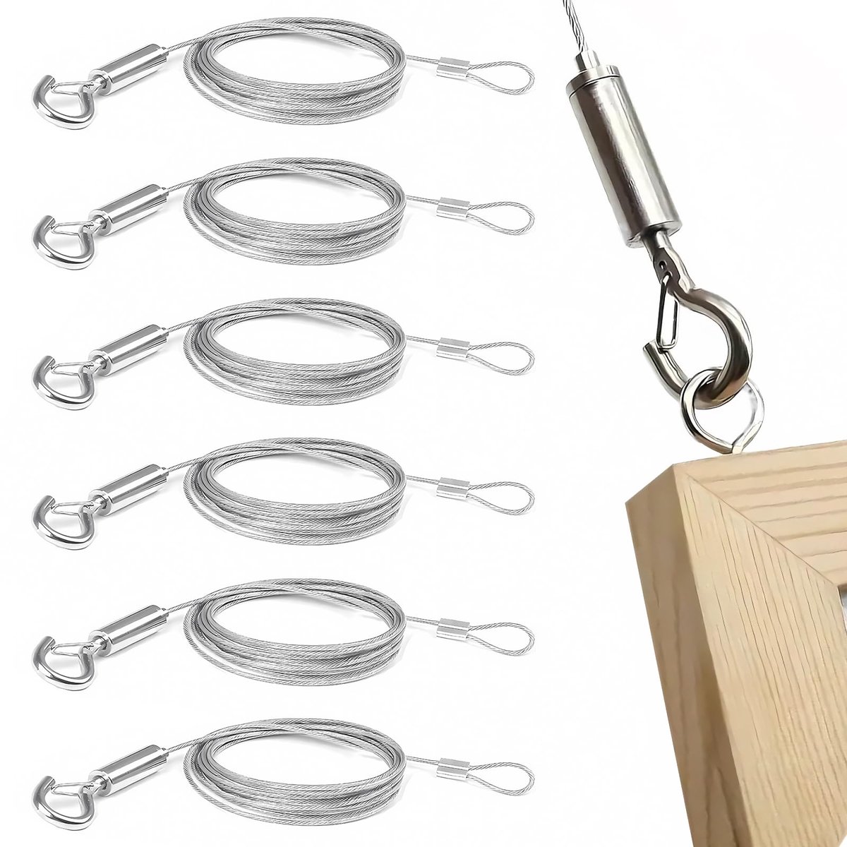 6 stuks staalkabels met ogen en haken, instelbare staalkabel van roestvrij staal, 2 m x 1,5 mm, roestvrij stalen kabel voor het ophangen van spiegels, schilderijen, lampen en kunstwerken, max. 30 kg