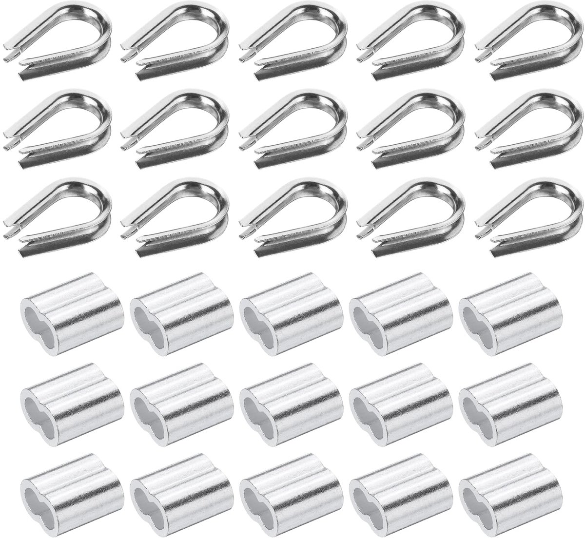 40 stuks M4 304 roestvrijstalen draadkabelset, draadkabel clipklem, buisvingerhoed en krimplus voor 1,5 cm draadkabel kabelvingerhoedjes, zilver