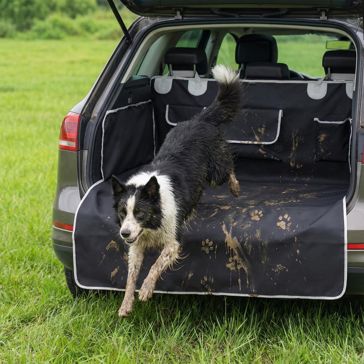 hond voor auto, SUV, autokofferbak met zijbescherming, zwarte kofferbakmat met bumperbescherming, waterdichte universele auto kofferbak hondendeken 205 x 115 cm