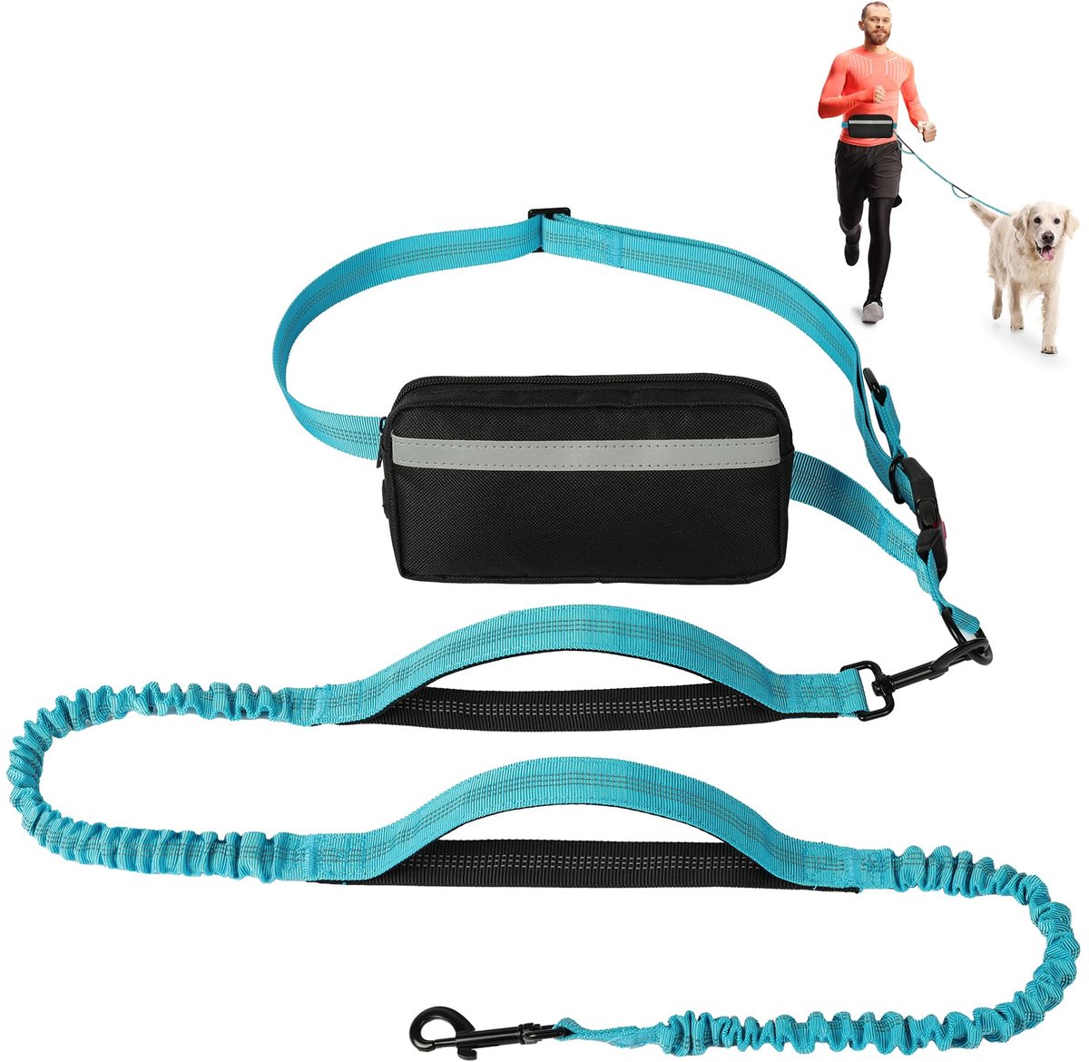 Hondenriem met verstelbare tailleriem, tailleriem voor honden voor middelgrote tot grote honden, dubbele gewatteerde handgrepen en reflecterende bungee voor wandelen, wandeltochten