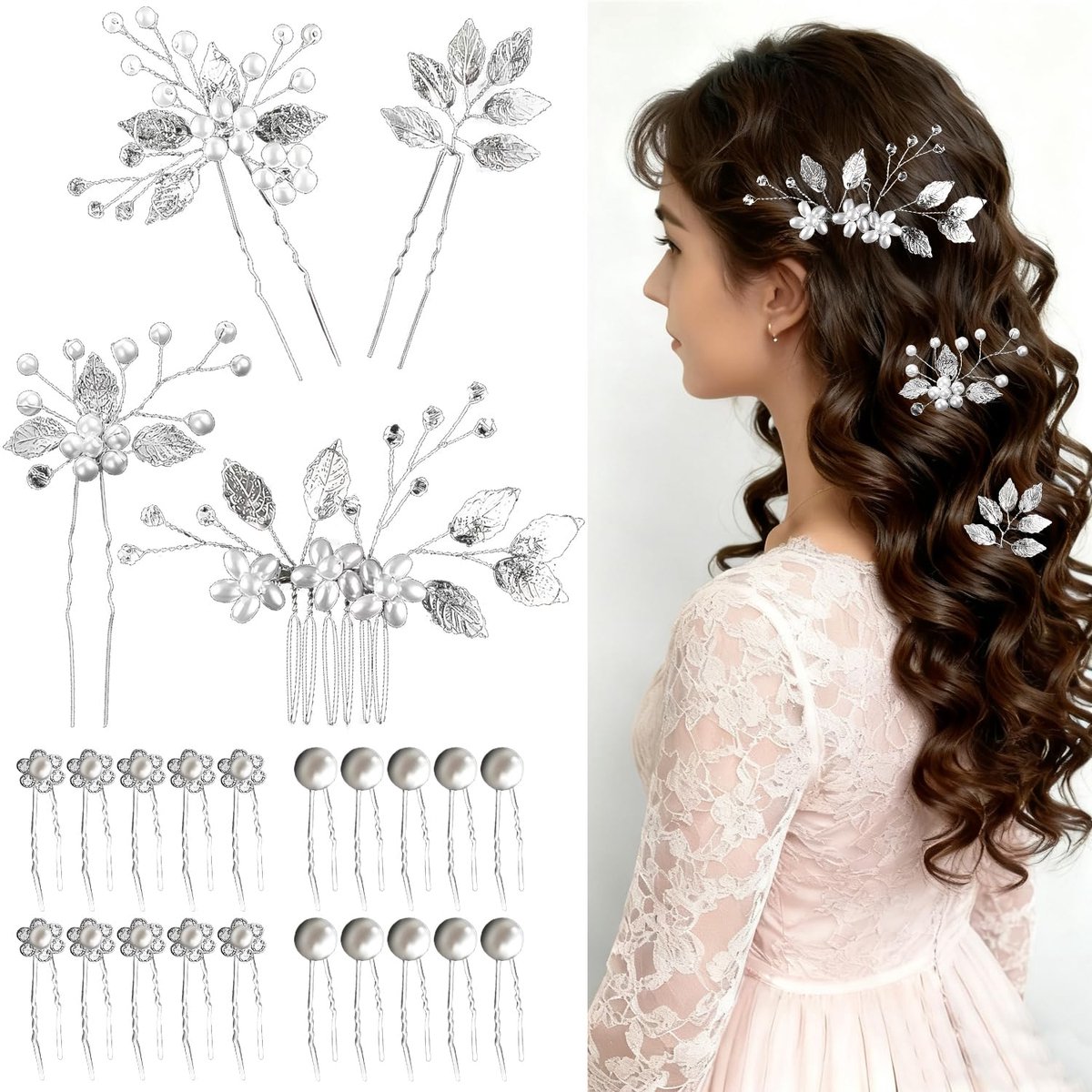 Haarpinnen voor Bruiloften, Haaraccessoires met Parel en Strass voor Bruiden en Bruidsmeisjes (Wit)