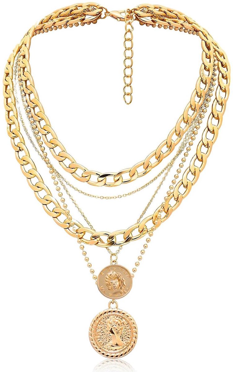 sieraden, gouden ketting Fasching, dames gouden ketting Accessoires, Kubaansche ketting halsketting meerlachtig gesneden munt aanhanger halsketting voor bruiloften verjaardag