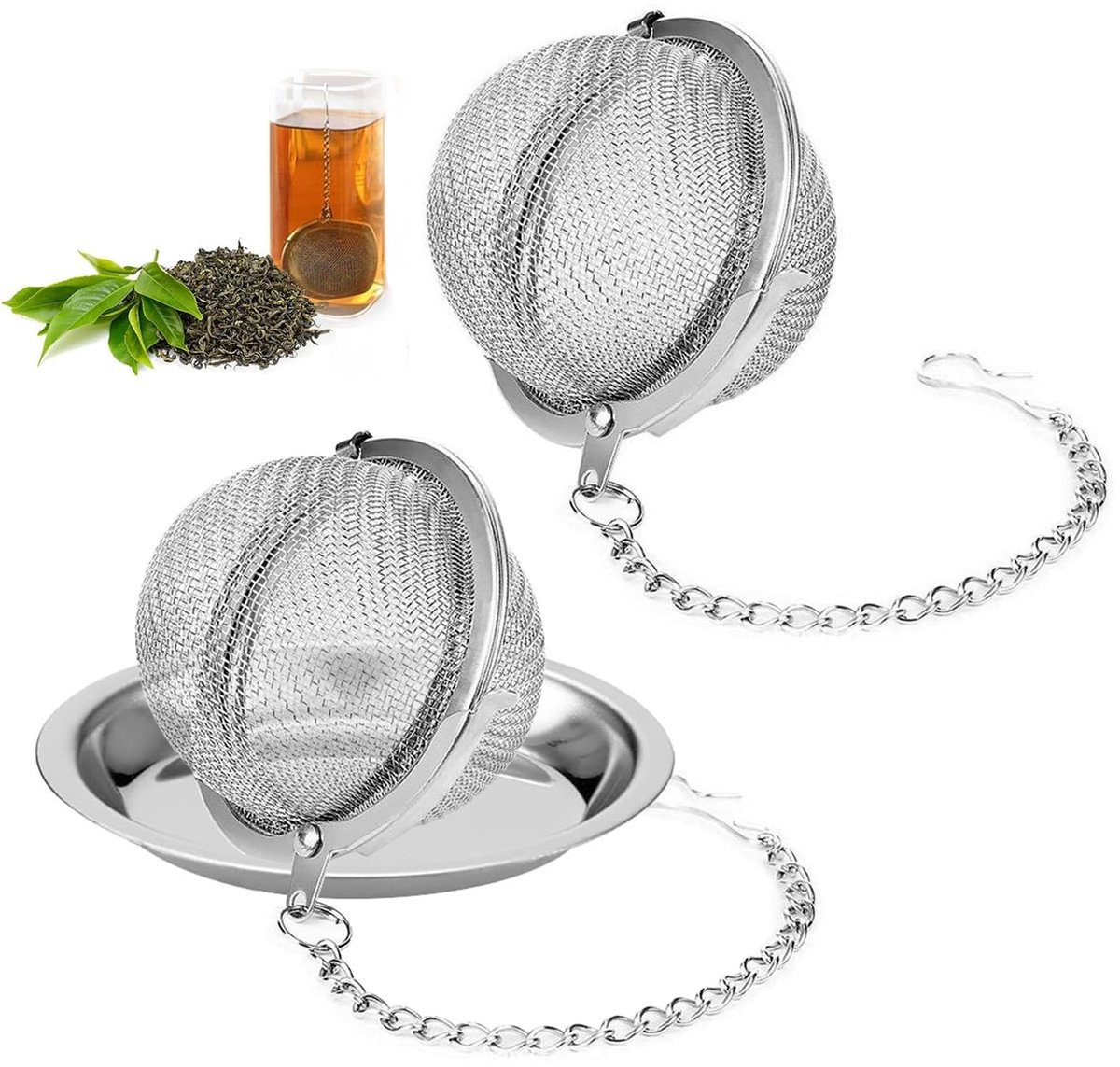 2 stuks thee-ei voor losse thee, theefilters en lekbak, roestvrij stalen theezeef, theefals met ketting, herbruikbare theezeef, fijne mesh theezeef voor losse thee en kruiden (4,5 cm)