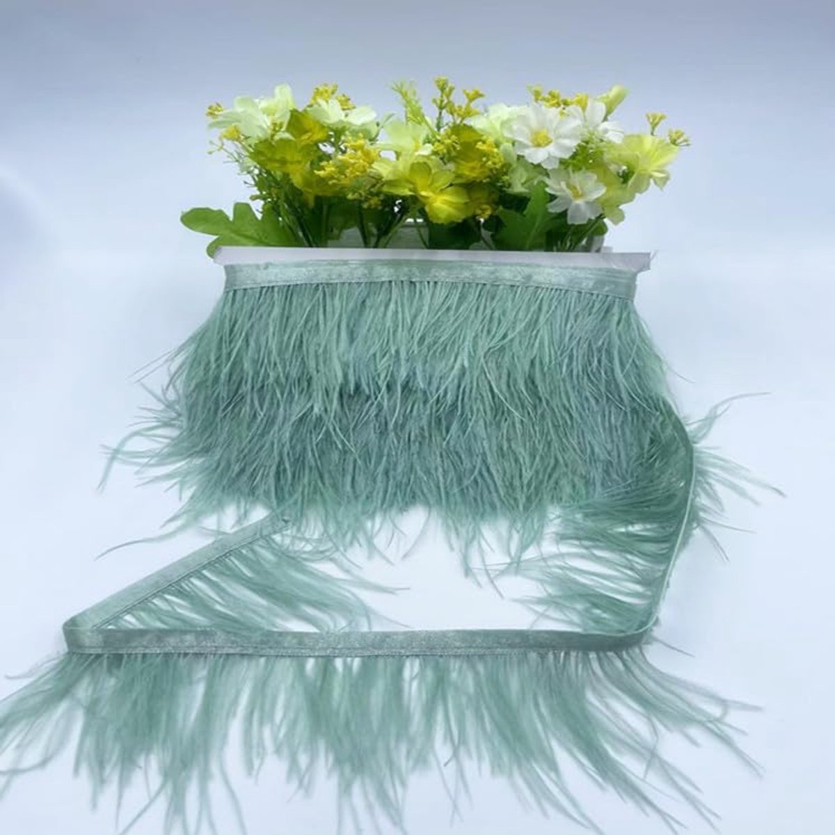Franjes met Satijnlint, 2M struisvogelveren Stoffstrook Veren Fringe Trim Veer franjes Band voor DIY Naaien Handwerk Kerstmis Kostuums DIY Decoratie-Groen#1