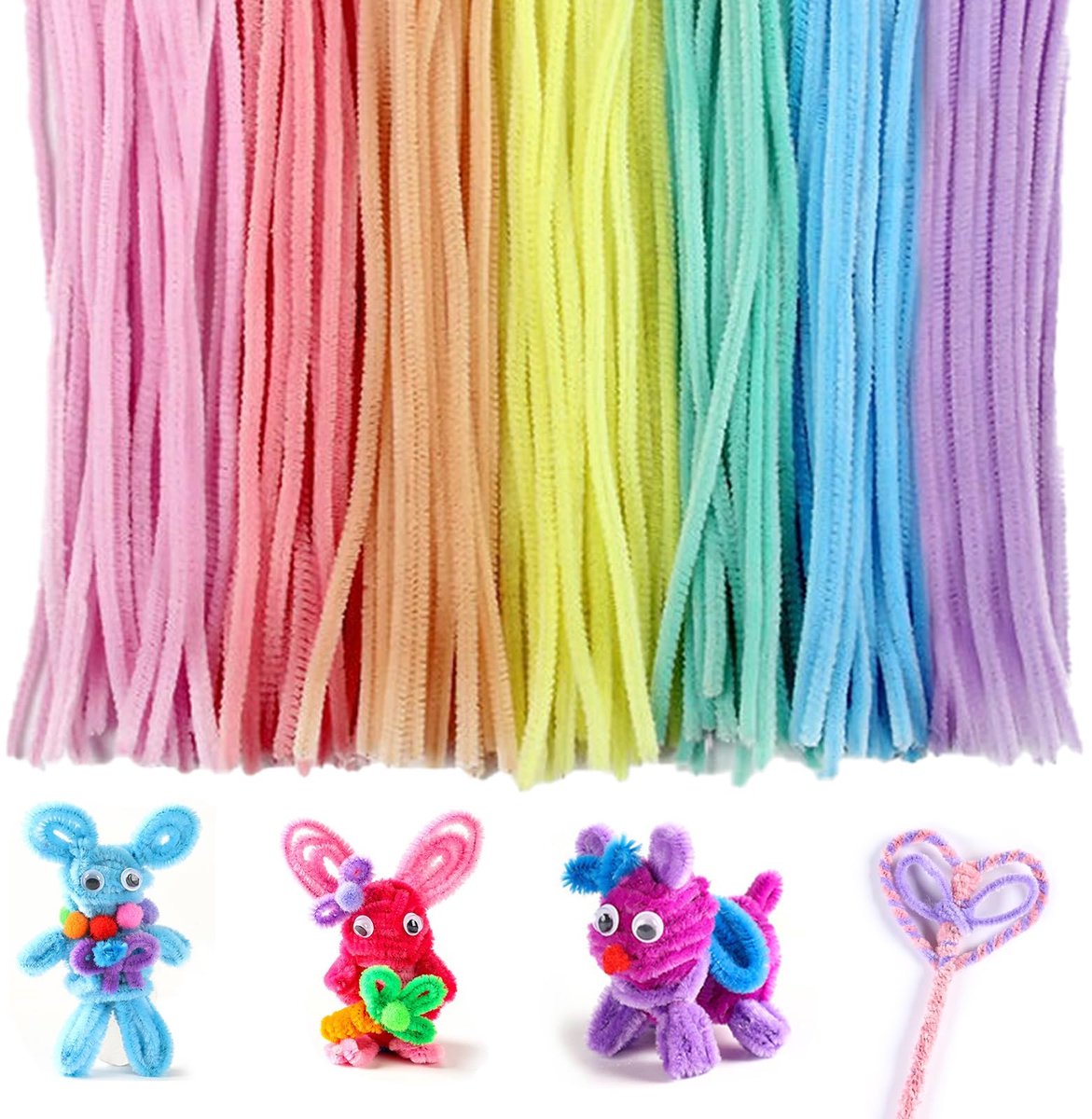 300 stuks pijpenragers, kleurrijk, om te knutselen, 7 kleuren, buigpluche, knutseldraad, 30 cm, pijpenrager, chenilledraad, pijpendraad voor creatieve doe-het-zelfprojecten en