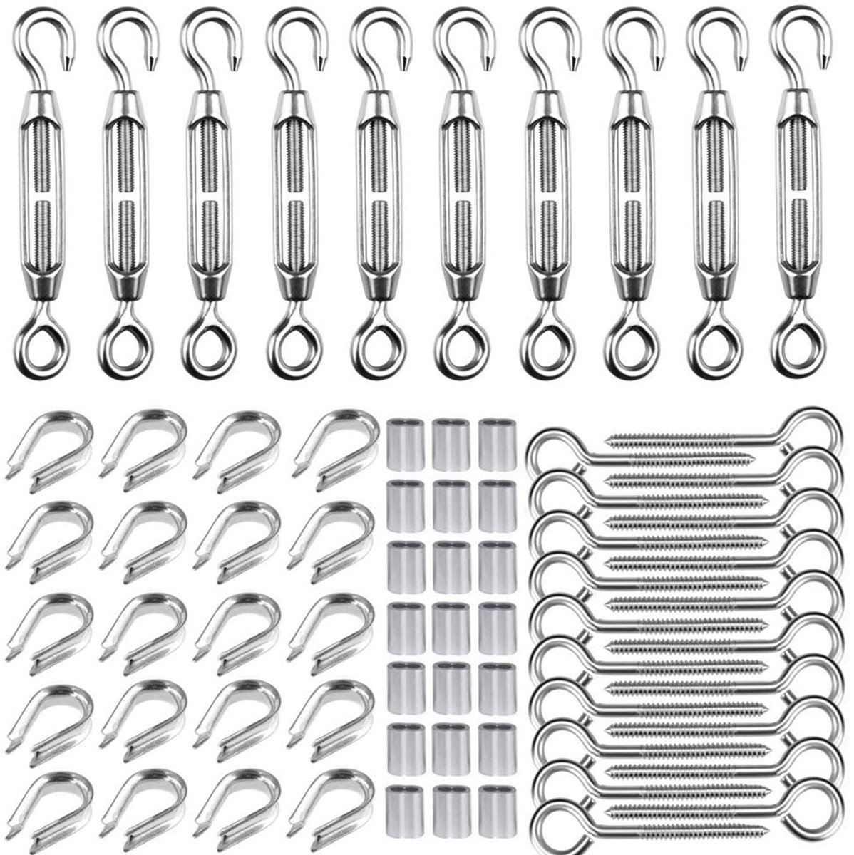 Heavy Duty spanschroef draadspanner kit voor 3 mm kabel kabel kabel spanning,roestvrij stalen kabelspanner kit, 10 stks M5 spanhaak en oog, 20 stks wijnstok oog, 20 stks vingerhoedje, 40 stks