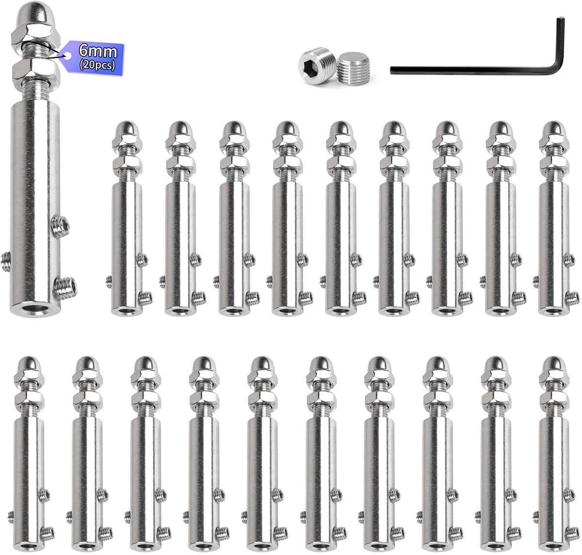 20 stuks kabelspanners, draadkabelklemmen, 6 mm, spantminal, roestvrij staal, kabelspangarnituur met schroefdraad en inbussleutel, kabelkabelterminal voor bevestiging van spanningen