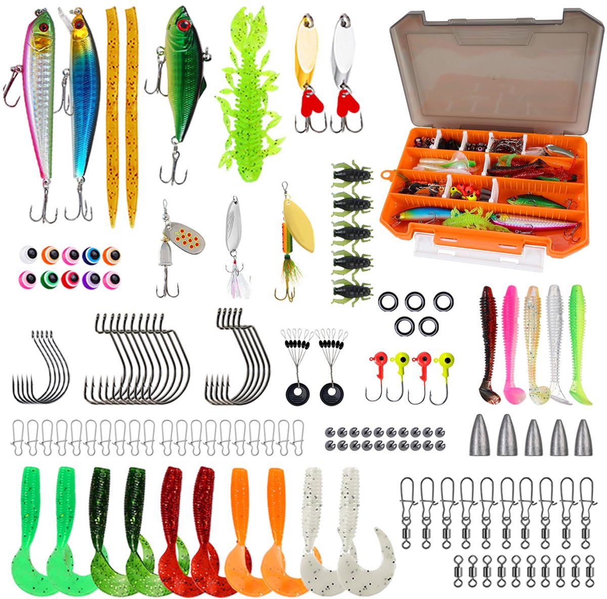 137 PCS vissersaas set met aasdoos, snoek aas voor snoek snoekbaars forel baars, visaccessoires incl. rubbervissen oppervlakteaas spinner popper jigs head voor zoetwater zoutwater vissen visser