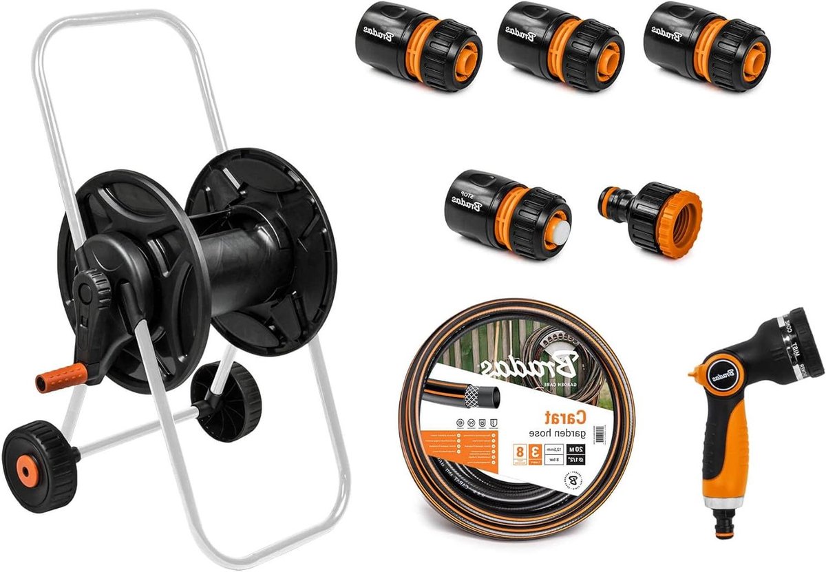 Tuinslang Trolley - Slangenwagen Set - Water Geven - Compleet Met Accessoires - 60 Meter Capaciteit - Zwart Oranje