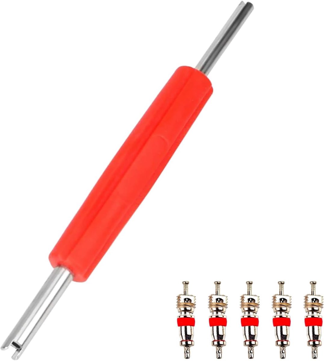 Bandenventieltrekker met dubbele kop en 5 bandenventielkernen, autobandenreparatie, bandenventiel, gereedschap, voor auto, motorfiets, fiets