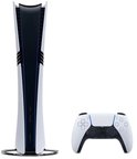 PlayStation 5 console in wit met blauwe accenten, naast een witte controller.
