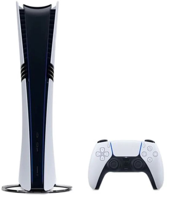 PlayStation 5 console in wit met blauwe accenten, naast een witte controller.