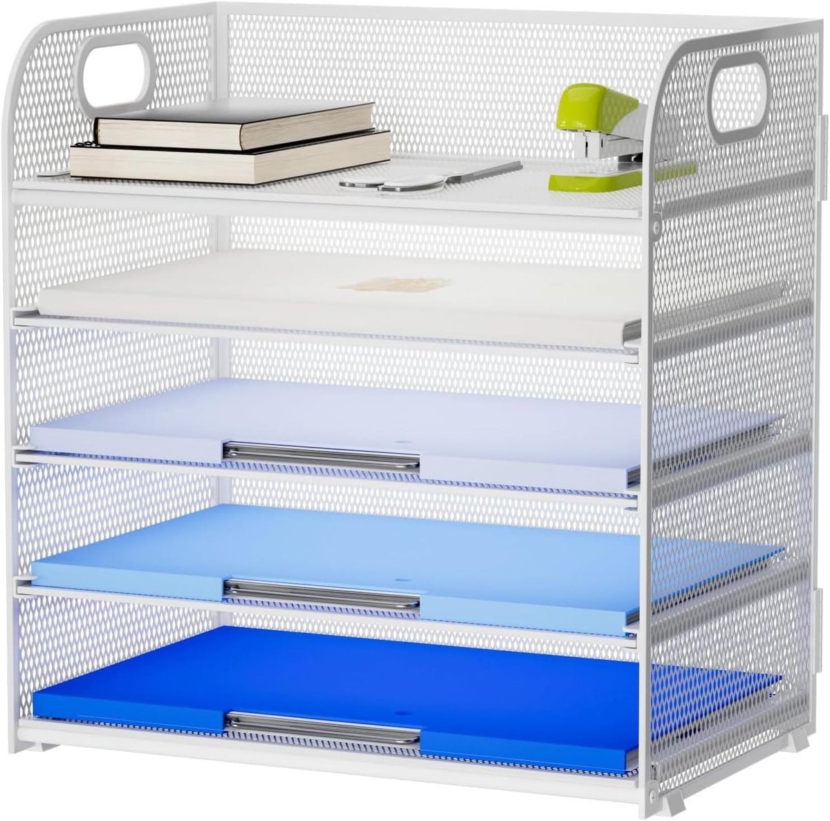 5 Tier Desk Organiser, Gaasgaas Brievenbakje met Handvat, Bureau Map Organiser, Paper File Document Sorter Holder, Office Filing Storage Rack voor Thuiskantoor School (Wit)