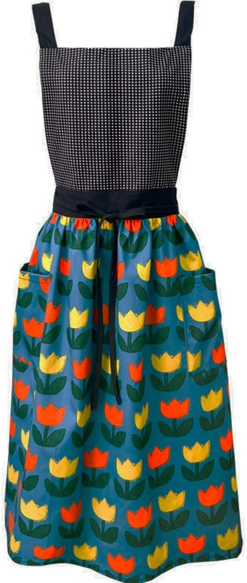 Schort voor vrouwen met 2 zakken, waterdicht, verstelbaar, gekruiste rug, bloemen, jurk, schort, werk, schattig voor tuinieren, koken, schilderen, reinigen, manicure, blauw, Eén Maat