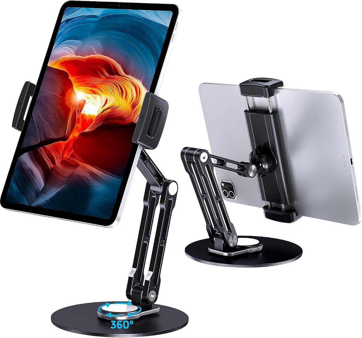 Tabletstandaard voor iPad, verstelbaar met 360° draaibare basis voor bureau, aluminium draaibare tabletstandaard compatibel met iPad Air/Mini, iPad 10.2/9.7, iPad Pro 11/12.9 en meer, zwart
