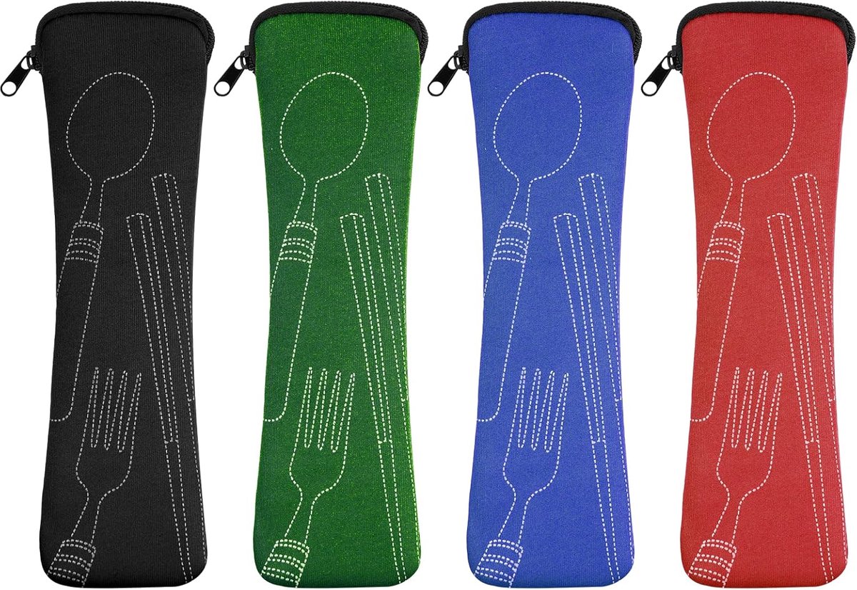 4 stuks bestekzakken voor onderweg, draagbare neopreen bestekzakken, leeg met ritssluiting, wasbaar, voor school, picknick, bestek, to-go, tassen, 20 x 6 cm (zwart/donkerblauw/rood/donkergroen