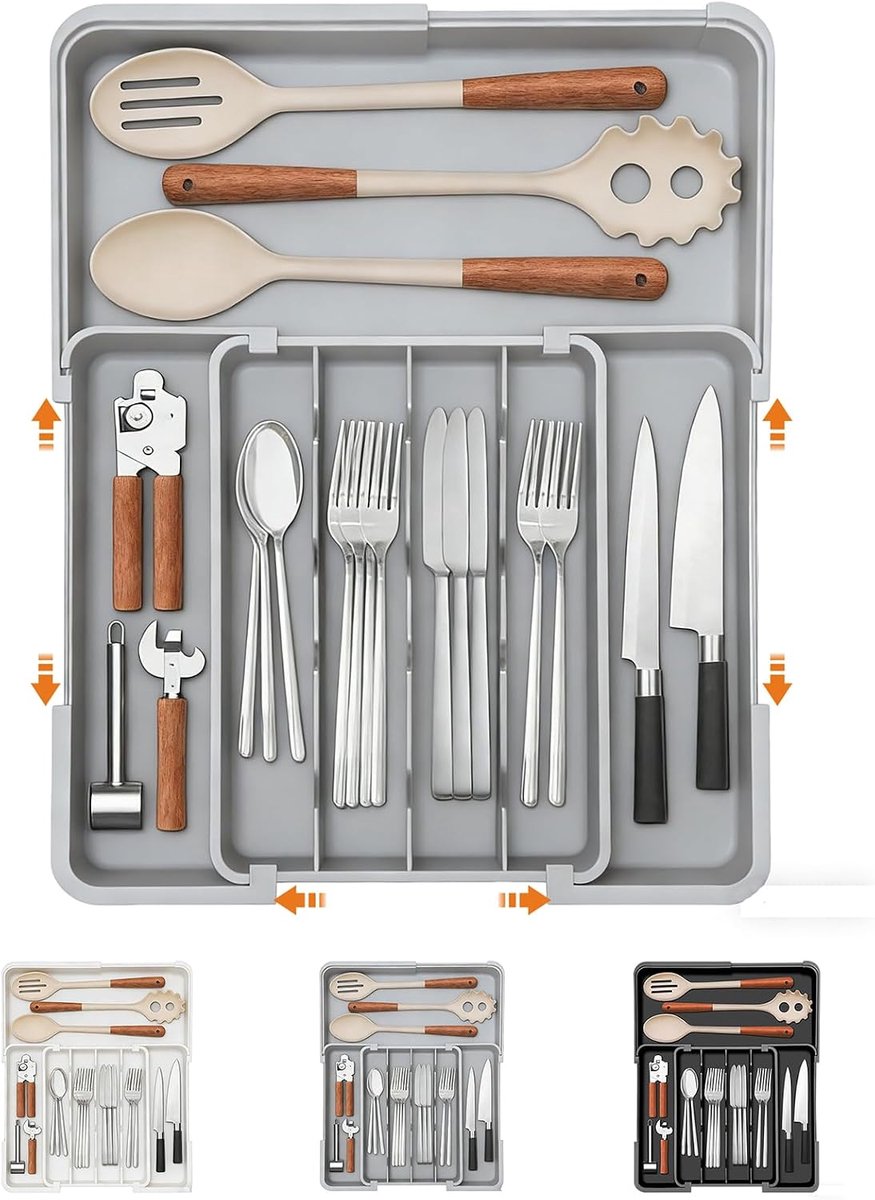 bestekbak voor laden, uitbreidbare lade-organizer, keuken (bestekinzet), verstelbaar van 32-48 x 23,5-38,5 cm, organizer met antislip, voor bestek, keukengerei en meer