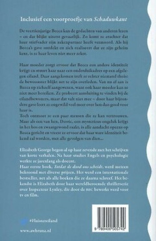 Achterkant van het boek 'Stormgevaar' met een samenvatting van het verhaal en informatie over de auteur. #Fluistereiland staat onderaan.