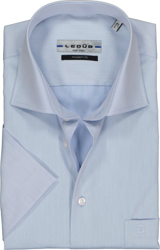 Ledub modern fit overhemd - korte mouw - lichtblauw twill - Strijkvrij - Boordmaat: 41