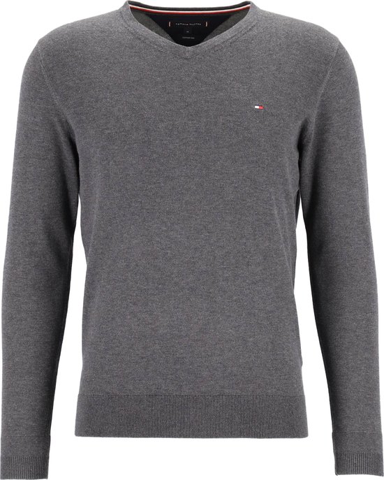 Tommy Hilfiger Core Tommy pull col V- pull homme coton avec soie - gris  anthracite -... | bol