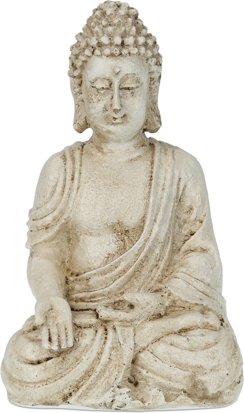Relaxdays Statue de Bouddha blanc - 17 cm de haut - statue ornementale - pierre artificielle - Bouddha - figurine de jardin