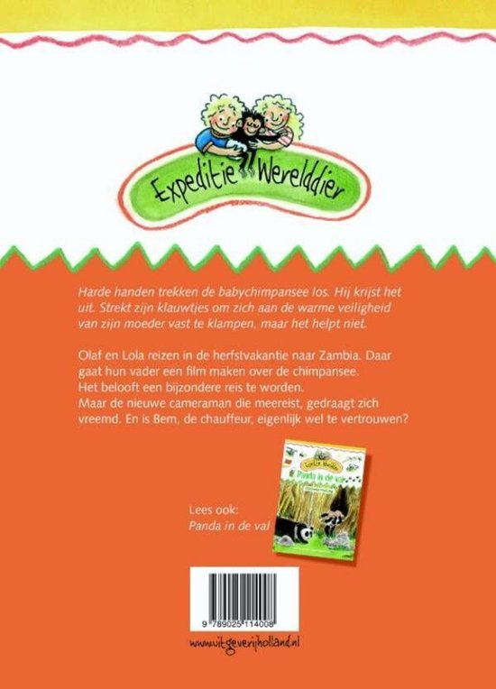 Achterkant van een boek met tekst over een chimpansee. Titel: Expedities Werelddier.