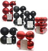 Kerstversiering kunststof kerstballen kleuren mix zwart/rood 6-8-10 cm pakket van 44x stuks