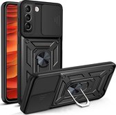 Mobigear Hoesje geschikt voor Samsung Galaxy S22 Telefoonhoesje Hardcase | Mobigear Armor Ring Cam Slide Backcover Shockproof met Ringhouder en Camera Slider | Schokbestendig Galaxy S22 Telefoonhoesje | Anti Shock Proof - Zwart