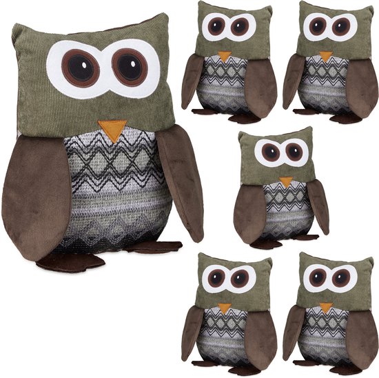 6x deurstopper uil - deurstop dier - kinderen - van textiel - groot - zand