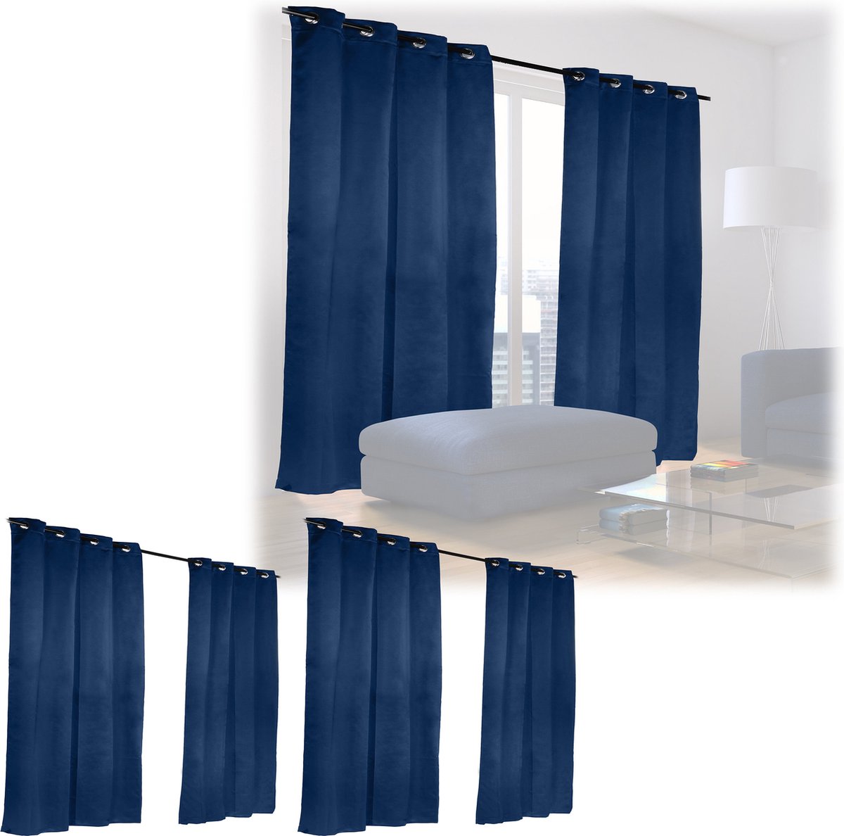 Relaxdays 6 x verduisterende gordijnen - blauw - kant en klaar - gordijn set - 175x135 cm