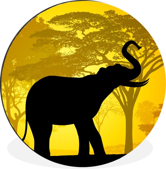 WallCircle - Wandcirkel - Muurcirkel - Een illustratie van een olifant met zijn slurf omhoog - Aluminium - Dibond - ⌀ 90 cm - Binnen en Buiten